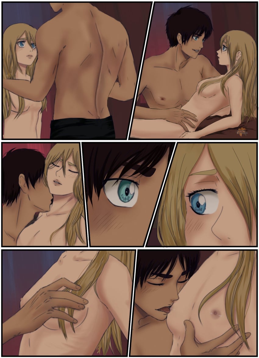 1boy 1boy1girl 1girls artist_name artist_signature attack_on_titan blonde_hair blue_eyes breasts christa_lenz comic erehisu eren_jaeger female green_eyes hetero historia_reiss kissing_neck licking licking_breast licking_nipples looking_at_partner male male/female nude nude_female passionate petite romantic sayuri_tsukimiko shingeki_no_kyojin size_difference small_breasts smaller_female straight sucking_nipples