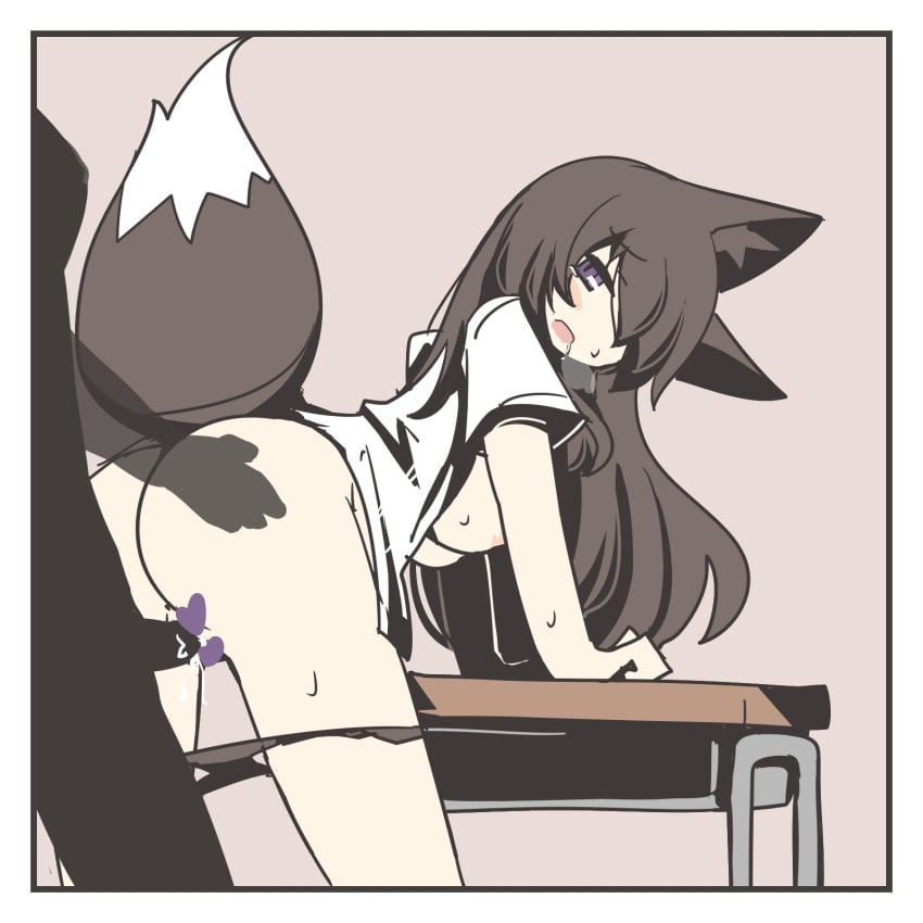 animal_ears ass ass_grab azaminn bent_over big_o_pants breasts censored cum cum_in_pussy eyebrows_visible_through_hair female fox_ears fox_girl fox_tail from_behind highres large_breasts long_hair on_table original panties panty_pull penis purple_eyes pussy sex shirt simple_background table tail tail_raised underwear vaginal_penetration white_shirt