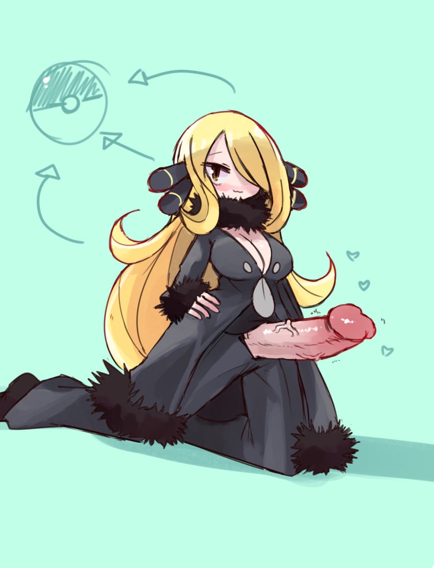 1futa :3 blonde_hair blush breasts cleavage clothed clothing cynthia_(pokemon) cyrie erection full_body futa_only futanari huge_cock human intersex kneeling long_hair mostly_clothed open_pants pale_skin penis pokemon pokemon_dppt solo very_long_hair