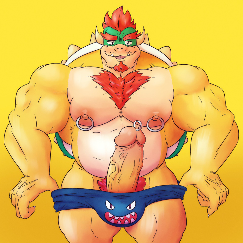 1:1 2021 abs anthro barazoku beard beefburner big_muscles blep body_hair boner bowser bullet_bill_underwear chest_hair clothing erection eyebrows facial_hair front_view genital_piercing genitals hair hairy hi_res horn huge_muscles humanoid_genitalia humanoid_penis koopa looking_at_viewer male male_only mario_(series) musclegut muscular muscular_anthro muscular_male nintendo nipple_piercing nipple_ring nipples pecs penis penis_piercing piercing prince_albert_piercing pubes scalie shell simple_background smile solo solo_male spiked_shell spikes spikes_(anatomy) standing tongue tongue_out underwear underwear_down video_games yellow_background