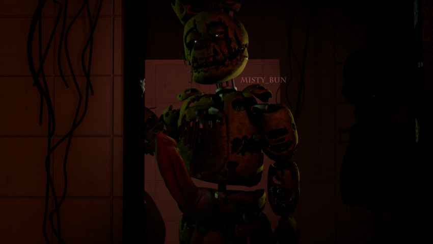 1boy 2021 3d_(artwork) animal_genitalia animal_penis animatronic anthro bodily_fluids canine_penis cum cum_on_penis detailed digital_media_(artwork) doorway erection five_nights_at_freddy's five_nights_at_freddy's_3 genital_fluids genitals glowing glowing_eyes grey_eyes inside knot lagomorph leporid long_ears looking_at_viewer machine male male_only mammal misty_bun narrowed_eyes notched_ear nude one_eye_half-closed open_mouth orgasm penis presenting presenting_penis rabbit raised_arm robot smile solo source_filmmaker springtrap springtrap_(fnaf) squint standing teeth thick_penis torn_arm torn_body torn_face torn_leg vein veiny_penis video_games wire yellow_body