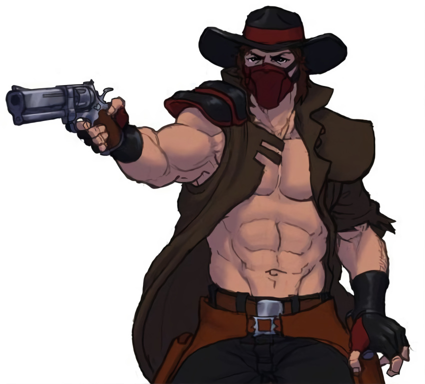 1boy abs artist_request barely_clothed belt cowboy cowboy_hat erron_black male_only mortal_kombat muscular muscular_male netherrealm_studios revolver simple_background solo_feral unknown_artist white_background