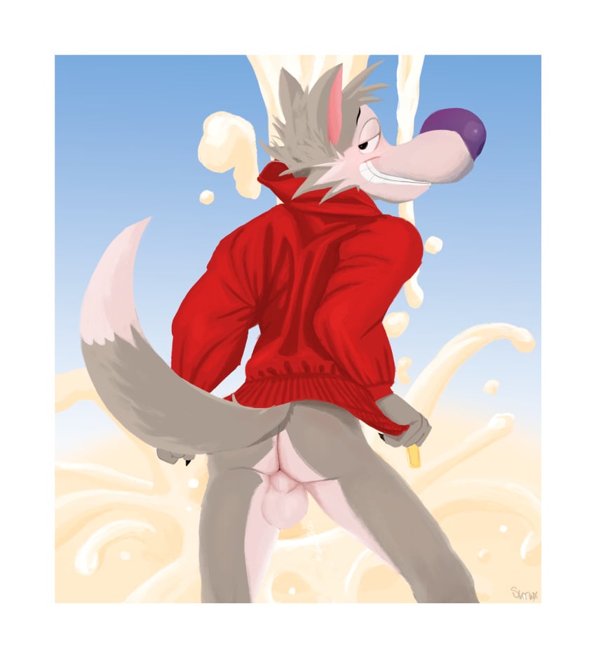 anthro ass balls border canid canine canis cereal_mascot clothed clothing clothing_lift conditional_dnp cookie_crisp countershade_butt countershade_face countershade_legs countershade_torso countershading digital_media_(artwork) eyebrows fur general_mills genitals hair half-closed_eyes hi_res jacket looking_at_viewer male mammal mascot narrowed_eyes nude presenting presenting_hindquarters purple_nose simple_background skittleytwix smile solo topwear white_border wolf