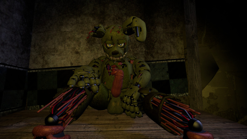 1boy 2021 3d angry angry_eyes animatronic anthro balls checkered_wall detailed endoskeleton erection exposed_endoskeleton five_nights_at_freddy's five_nights_at_freddy's_3 genitals green_body green_nose grey_eyes hand_on_leg hands_on_legs hands_on_own_legs humanoid_genitalia humanoid_penis inside lagomorph leporid long_ears looking_at_viewer machine male male_only mammal notched_ear nude on_stage penis pesky_fox presenting presenting_balls presenting_penis rabbit restaurant robot sitting smile solo spread_legs spreading springtrap springtrap_(fnaf) stage teeth torn_arm torn_body torn_face torn_hand torn_leg video_games wire yellow_sclera