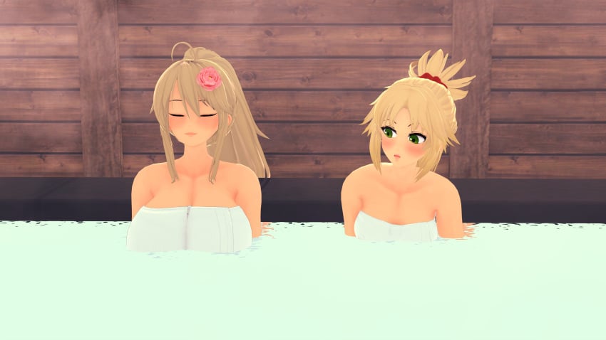 2girls 3d artoria_pendragon artoria_pendragon_(lancer) artoria_pendragon_(swimsuit_ruler) bath_towel big_breasts blonde_hair blush breast_envy closed_eyes fate/apocrypha fate/grand_order fate_(series) green_eyes koikatsu mordred_(fate) onsen oppai113 relaxing small_breasts smile