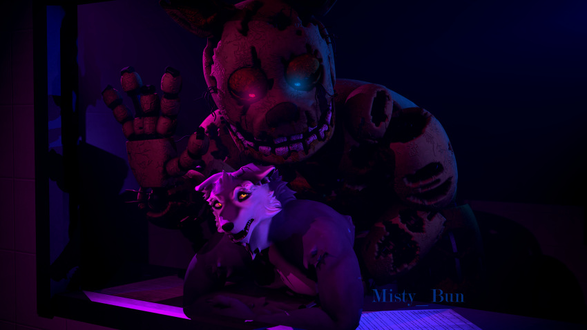 2021 2boys 3d_(artwork) absurd_res all_fours anal anal_sex animatronic anthro bent_over biceps black_nose blue_eyes canid canine canis detailed digital_media_(artwork) doggy_style duo fangs five_nights_at_freddy's five_nights_at_freddy's_3 from_behind_position fur furniture gay grey_body grey_fur hi_res lagomorph leporid long_ears looking_back looking_down looking_up machine male male/male male_only mammal manly misty_bun multicolored_body multicolored_eyes multicolored_fur muscular narrowed_eyes notched_ear nude open_mouth penetration pink_eyes rabbit robot sex sharp_teeth smile source_filmmaker springtrap springtrap_(fnaf) squint standing table teeth torn_arm torn_face triceps video_games white_body white_fur wire wolf yellow_body yellow_eyes yellow_nose