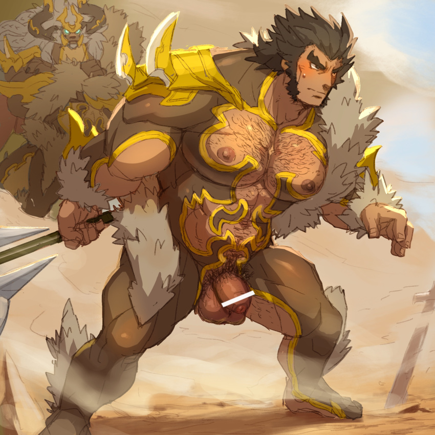 1boy abs bara beard blush body_hair cosplay dark_skin dragalia_lost latex_suit male_only muscle pecs penis thor_(dragalia_lost) tight_clothing valyx