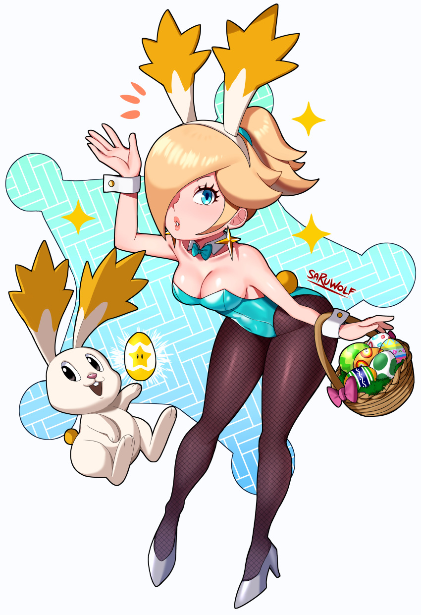 1girls alternate_costume basket blonde_hair blue_eyes blue_leotard bowtie bunny bunny_ears bunnysuit detailed_background earrings easter easter_egg egg eyelashes fishnet_stockings fishnets hair_over_one_eye headwear hi_res high_heels leotard light-skinned_female light_skin lipstick looking_at_viewer mario_(series) neckerchief nintendo ponytail princess_rosalina sarukaiwolf star_bunny star_bunny_(cosplay) star_earrings stockings super_mario_galaxy watermark wrist_cuffs yellow_ears