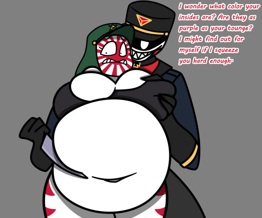 2girls belly big_belly big_breasts bra breasts chubby countryhumans countryhumans_girl countryhumans_oc ech0chamber echo_chamber(ech0chamber) evil_smile expansion fat female female_only grabbing_breast hand_on_breast hat hyper inflation japanese_empire_(countryhumans) knife looking_at_viewer menacing military_hat multiple_girls original_character scared size_difference skindentation text threatening yuri