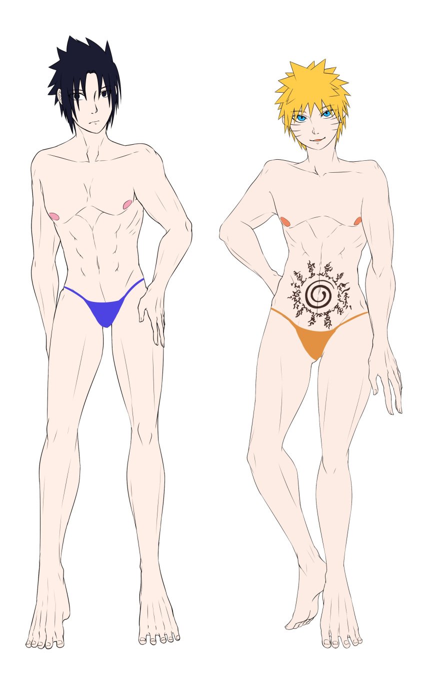 2boys abs asian asian_male barefoot black_eyes black_hair blonde_hair blue_eyes blue_panties blue_thong feet femboy g-string gay looking_at_viewer male male/male male_only naruto naruto_(series) naruto_shippuden nipples orange_panties orange_thong pale-skinned_male pale_skin panties pink_nipples pose posing sasuke_uchiha standing thong toes tree6moco twink underwear uzumaki_naruto uzumaki_naruto whisker_markings whiskers white_background yaoi yellow_hair