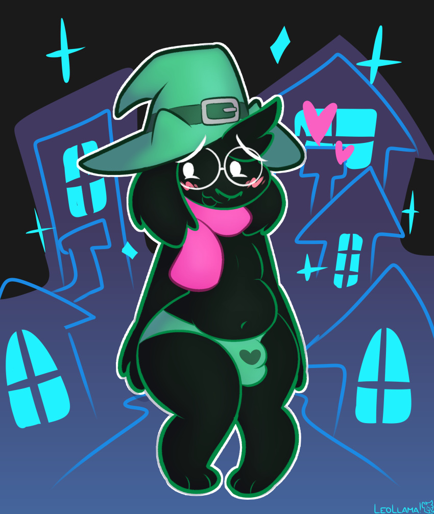 absurd_res anthro black_body black_fur blush bovid bulge caprine clothing deltarune eyewear fur genital_outline glasses goat hat headgear headwear heart hi_res leo_llama looking_away male male_only mammal panties penis_outline ralsei scarf slightly_chubby solo standing underwear video_games