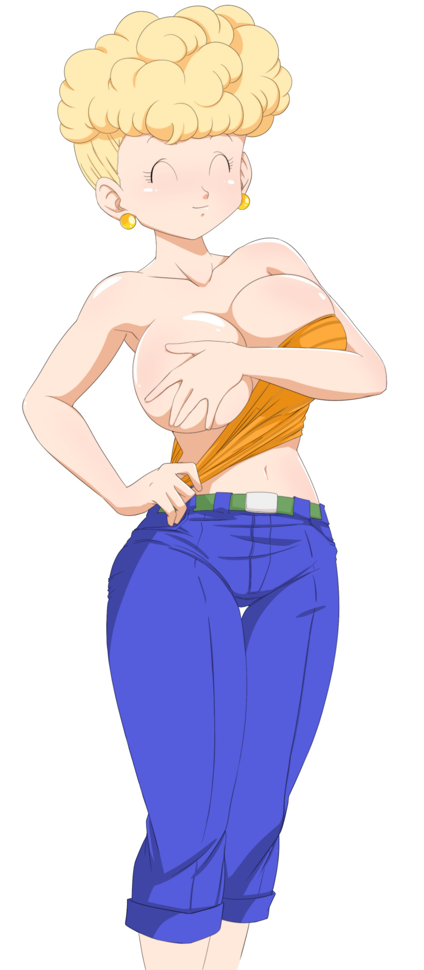 bikini_(dragon_ball) blonde_hair caisama closed_eyes dragon_ball dragon_ball_z female hand_on_breast milf orange_tubetop panchy panchy_(dragon_ball) panchy_briefs shounen_jump solo