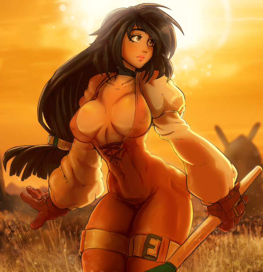 1girls absurdres belt big_breasts breasts brown_eyes brown_hair choker cleavage curvaceous curvy curvy_figure female female_only final_fantasy final_fantasy_ix garnet_til_alexandros_xvii gloves hairclip highres laces long_hair nipple_bulge open_clothes open_shirt perky_breasts pinup plump_lips reliusmax skin_tight solo solo_focus staff sunset thick thick_thighs tight_clothes tight_clothing underboob weapon