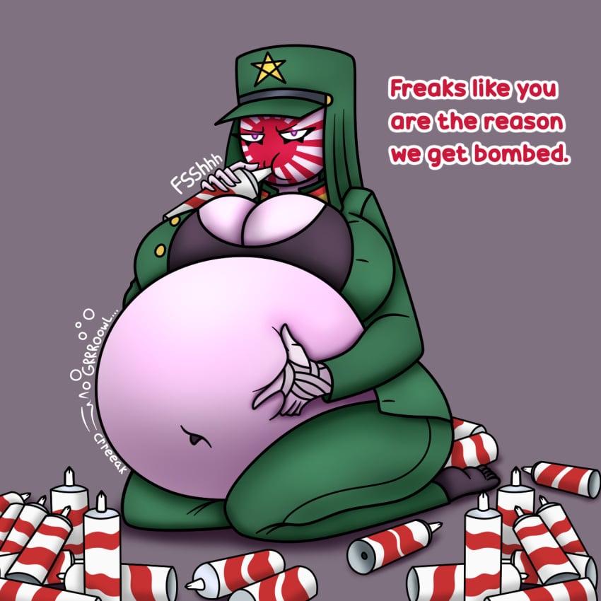 annoyed belly big_belly big_breasts breasts breasts_bigger_than_head can cans countryhumans countryhumans_girl cream_inflation ech0chamber expansion female female_only glowing_eyes grabbing_belly hand_on_belly hat hyper inflation japanese_empire_(countryhumans) kneeling looking_at_viewer military_hat military_uniform sitting text unbuttoned unbuttoned_shirt uniform whipped_cream whipped_cream_can