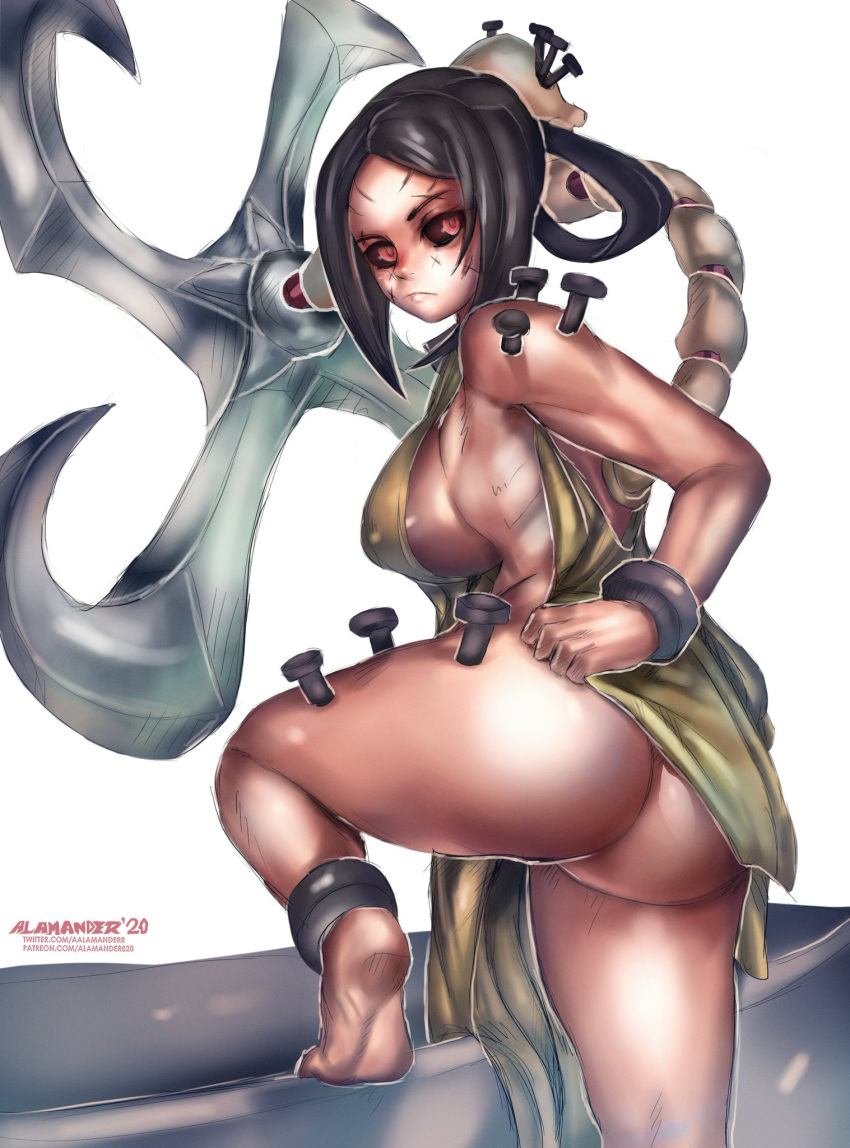 1girls ankle_cuffs ass bare_legs barefoot big_ass black_sclera carol_(skullgirls) cuff_(restraint) cuffs feet female large_breasts legs looking_back no_bra no_underwear painwheel red_eyes scar_on_face scars sideboob skullgirls soles solo tagme thick_thighs thighs weapon