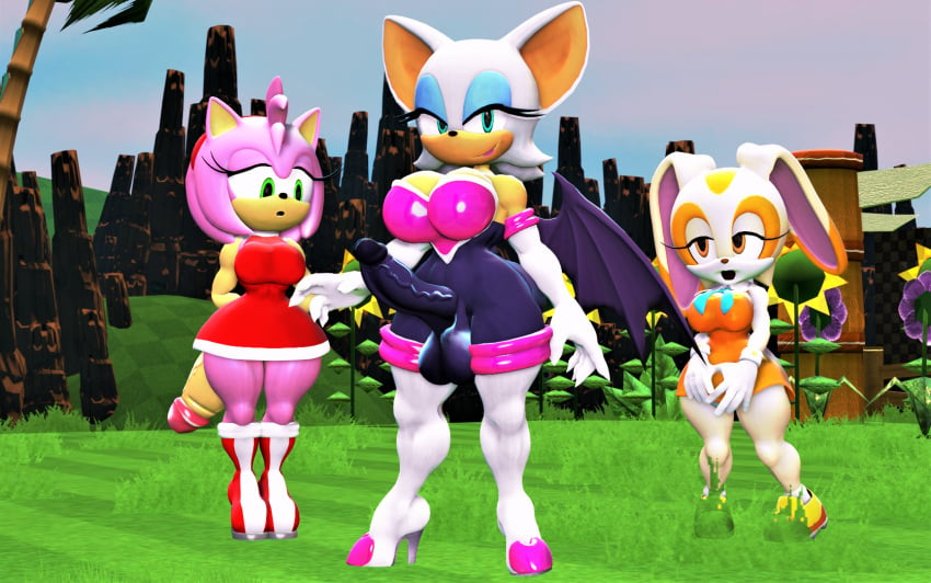 3d 3d_(artwork) 3d_model amy_rose anthro blue_eyes brown_eyes chiropteran cream_the_rabbit dildo dr.ivopingasnik dress eyelashes female flower furry futanari grass green_eyes half-closed_eyes hedgehog lagomorph long_ears mobian mobian_(species) mobian_bat open_mouth penis pink_hair rabbit rouge_the_bat sega sex_toy sonic_(series) sonic_adventure_2 sonic_the_hedgehog_(series) standing tan_body white_hair wings