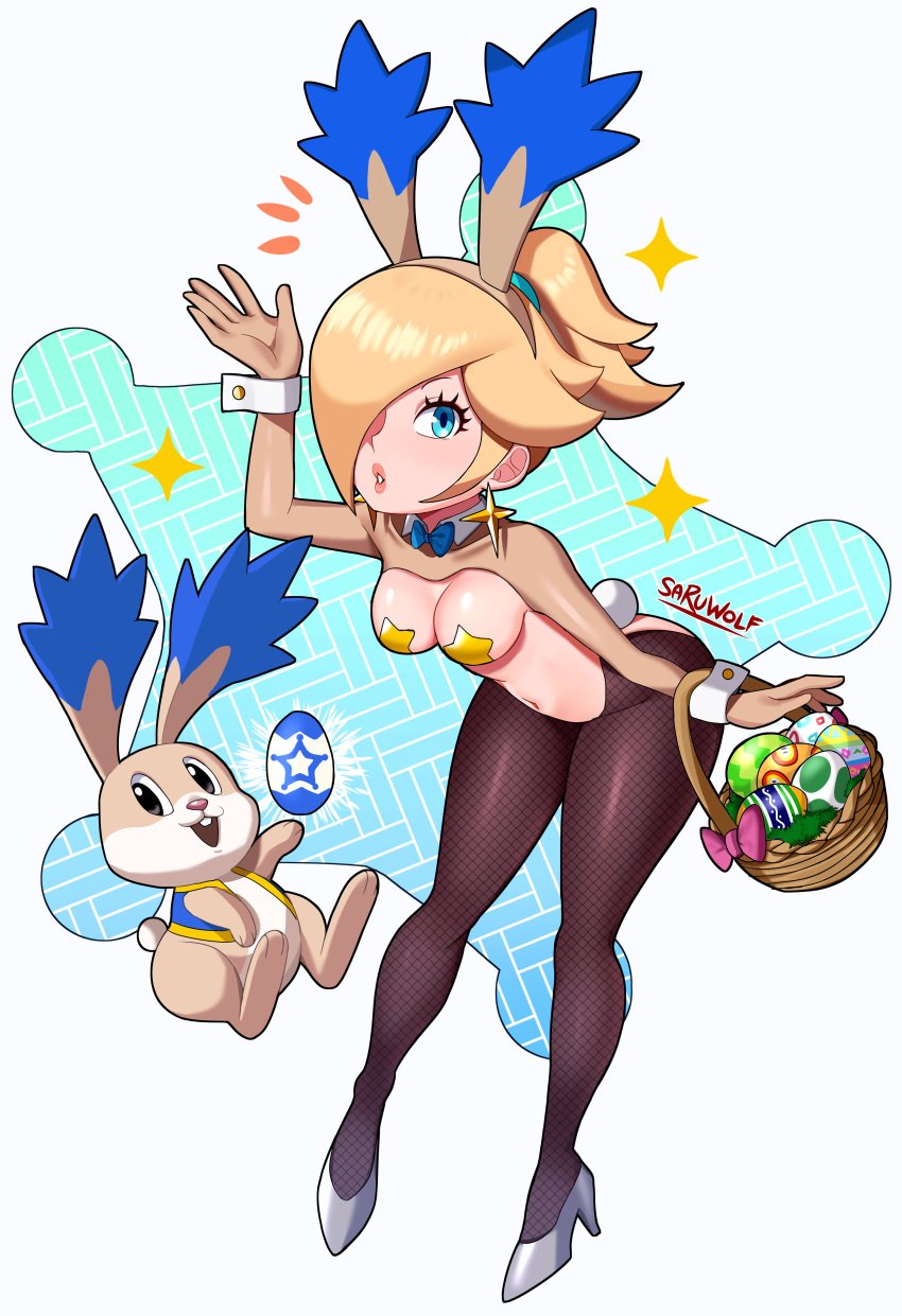 1girls alternate_costume basket belly blonde_hair blue_ears bowtie breasts bunny bunny_ears bunnysuit detailed_background earrings easter easter_egg egg eyelashes fishnet_stockings fishnets hair_over_one_eye headwear hi_res high_heels inverted_costume jacket light-skinned_female light_skin lipstick looking_at_viewer mario_(series) medium_breasts navel neckerchief nintendo pasties ponytail princess_rosalina reverse_bunnysuit reverse_outfit sarukaiwolf shrug_(clothing) star_bunny star_bunny_(cosplay) star_earrings star_pasties stockings super_mario_galaxy watermark wrist_cuffs