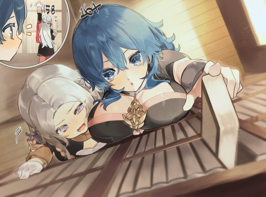 2girls @_@ against_wall big_breasts book bookshelf byleth_(fire_emblem) byleth_(fire_emblem)_(female) cleavage cleavage_cutout edelgard_von_hresvelg female_only female_pervert fire_emblem fire_emblem:_three_houses gloves green_hair head_on_breasts korean_text large_breasts lesbian library long_hair meunhongcha nintendo squeezing_breast white_hair