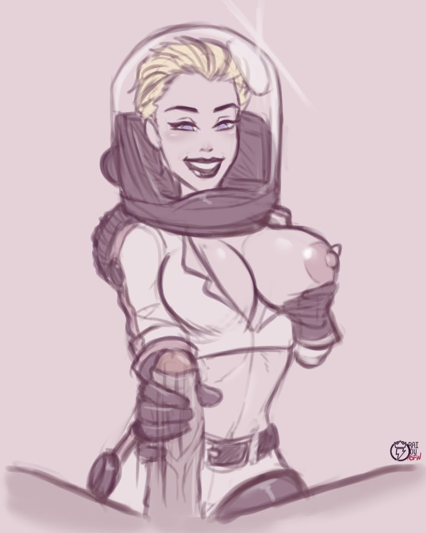 blonde_hair blue_eyes breast_lift breasts faceless_male fallout handjob looking_at_penis looking_at_viewer nipples nuka_girl one_breast_out raiounsfw short_hair smile spacesuit