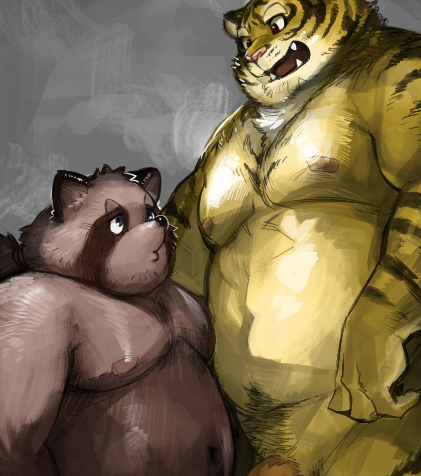 2021 absurd_res anthro belly brown_body brown_fur canid canine duo felid flaccid fur genitals hi_res humanoid_hands kemono kita_9999 male male/male mammal moobs navel nipples overweight overweight_male pantherine penis pink_nose raccoon_dog tanuki teeth tiger