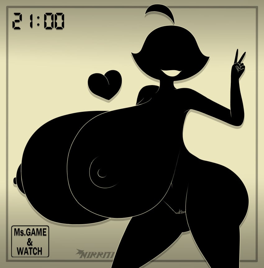 black_skin breasts_bigger_than_head busty chounyuu cowlick dark_body dark_skin female game_and_watch genderswap_(mtf) happy_face heart hourglass_figure huge_ass huge_breasts hyper_breasts large_breasts monochrome ms._game_and_watch nintendo nipples nirriti no_eyes peace_sign pussy rule_63 smile smiling solo solo_female thick_thighs vagina video_games wide_hips