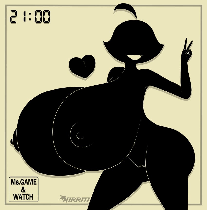 black_skin breasts_bigger_than_head busty chounyuu cowlick dark_body dark_skin female game_and_watch genderswap_(mtf) happy_face heart hourglass_figure huge_ass huge_breasts hyper_breasts large_breasts monochrome ms._game_and_watch nintendo nipples nirriti no_eyes peace_sign pussy rule_63 smile smiling solo solo_female thick_thighs vagina video_games wide_hips