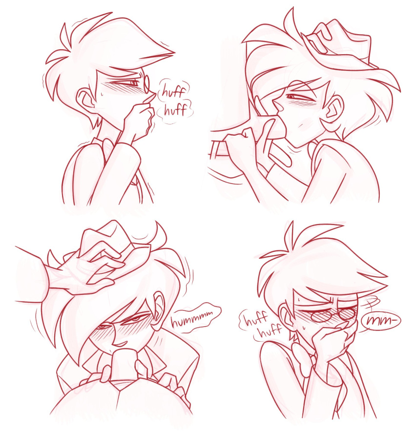 2boys alastor_(hazbin_hotel) angel_dust_(hazbin_hotel) blowjob blush closed_eyes closed_mouth clothed fellatio glasses hand_on_head hand_on_penis hat hazbin_hotel human humanized looking_pleasured looking_up panting penis pov ranksauce sketch unbuckled_belt vivienne_medrano yaoi