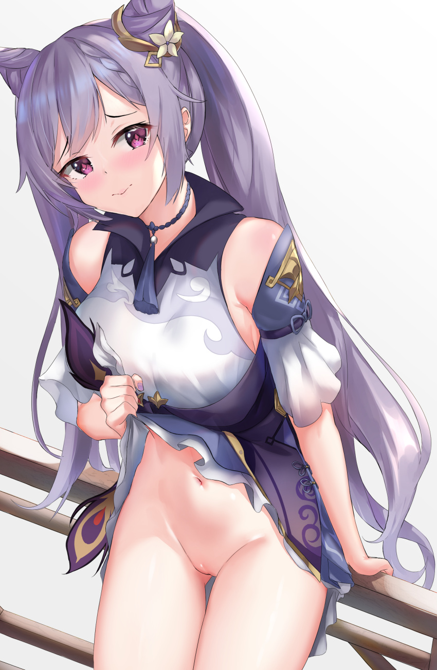 1girls asian_clothes cat_ears embarrassed genshin_impact hair keqing_(genshin_impact) nopan purple_eyes purple_hair pussy skai_kun skirt_lift thick_thighs twintails uncensored upskirt