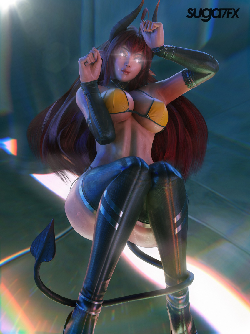 1girls 3d areolae bikini breasts choker cleavage demon demon_girl demon_horns demon_tail female female_only floating glowing_eyes highres horns large_breasts long_hair looking_at_viewer nipples original_character red_hair sinia skimpy_bikini solo succubus succubus_horns succubus_tail suga7fx tail thick_thighs thigh_boots underboob voluptuous wet_skin