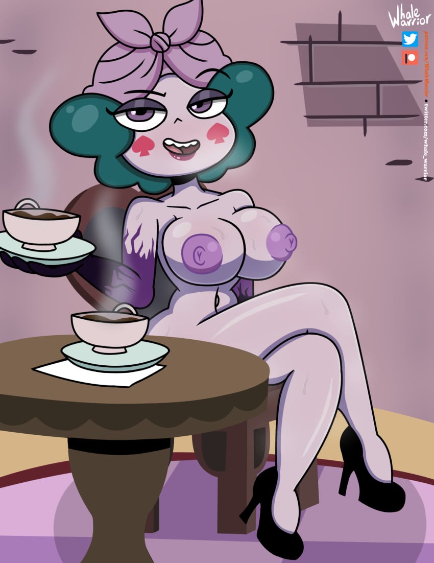 1girls big_breasts breasts crossed_legs eclipsa_butterfly erect_nipples female female_only flirting green_hair heeled_shoes looking_at_viewer makeup milf nude_female open_mouth purple_eyes purple_lipstick short_hair sitting_on_chair smiling solo star_vs_the_forces_of_evil table tea_time teatime thick_thighs thin_waist whalewarrior123z white_skin