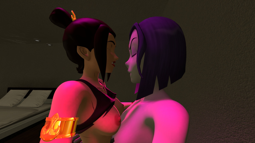 2girls 3d avatar_the_last_airbender azula clothing crossover dc dc_comics fake_prince female female_only medium_breasts multiple_girls nickelodeon raven_(dc) sex_toy source_filmmaker strap-on teen_titans yuri