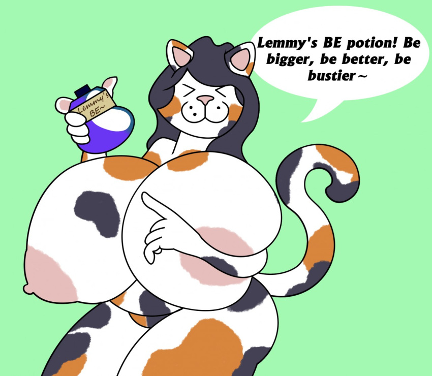 anonymous_artist anthro areola ass belly big_breasts breast_expansion breasts calico_cat domestic_cat expansion felid feline felis female fur growth hair harla huge_breasts hyper hyper_breasts looking_at_viewer mammal mottled nipples nude overweight piebald pose potion simple_background smile solo thick_thighs