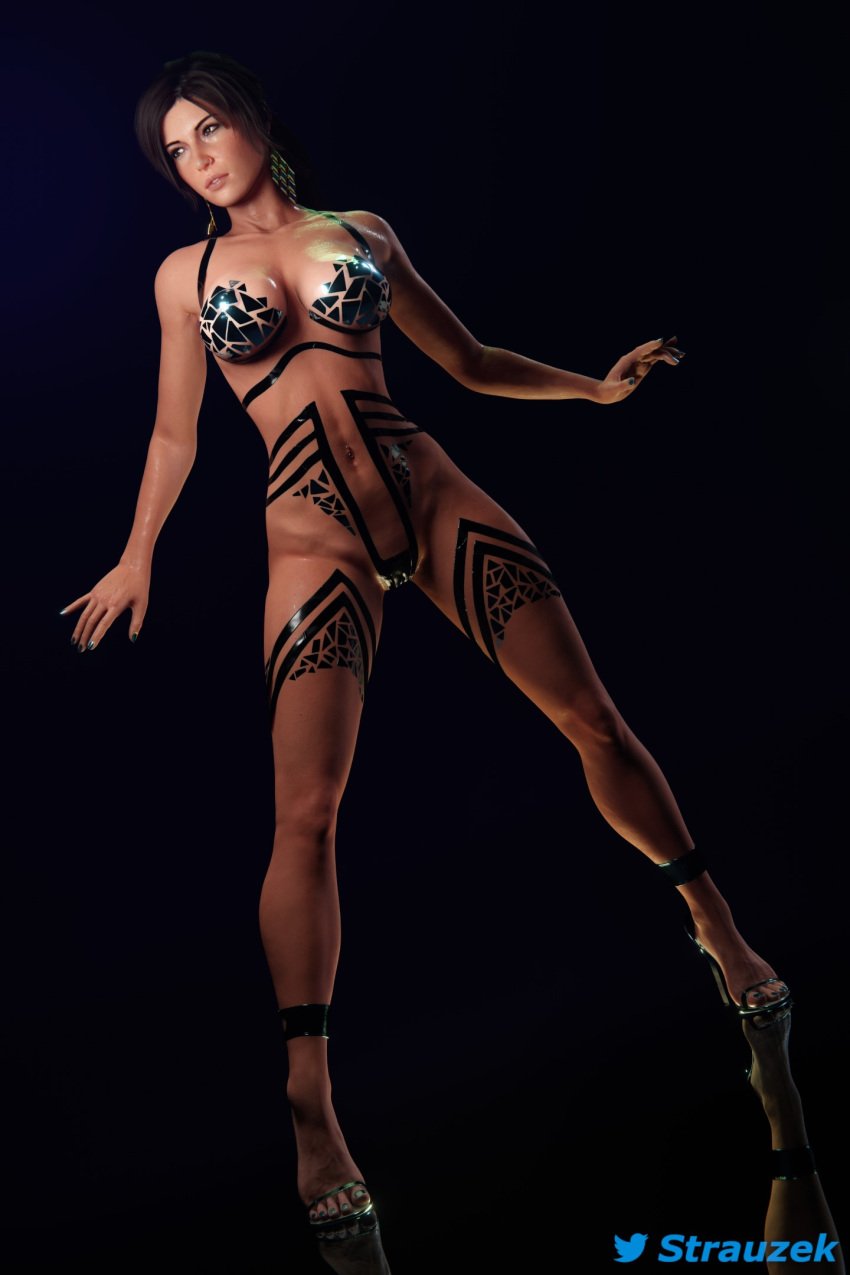 1girls 3d athletic athletic_female black_tape black_tape_project blender blender_(software) body_markings body_paint bodypaint breasts brown_eyes brown_hair busty earrings female female_focus female_only functionally_nude glistening_body high_heels hourglass_figure human lara_croft lara_croft_(survivor) large_breasts long_hair nail_polish navel_piercing nipples no_eyewear nose_piercing nude nudity oiled oiled_skin oily open_toe_shoes pasties pose posing pussy shaved_pussy shiny_skin skimpy solo standing strauzek sweat sweating sweaty tagme tape taped_nipples taped_pussy tomb_raider tomb_raider_(survivor) vagina wide_hips