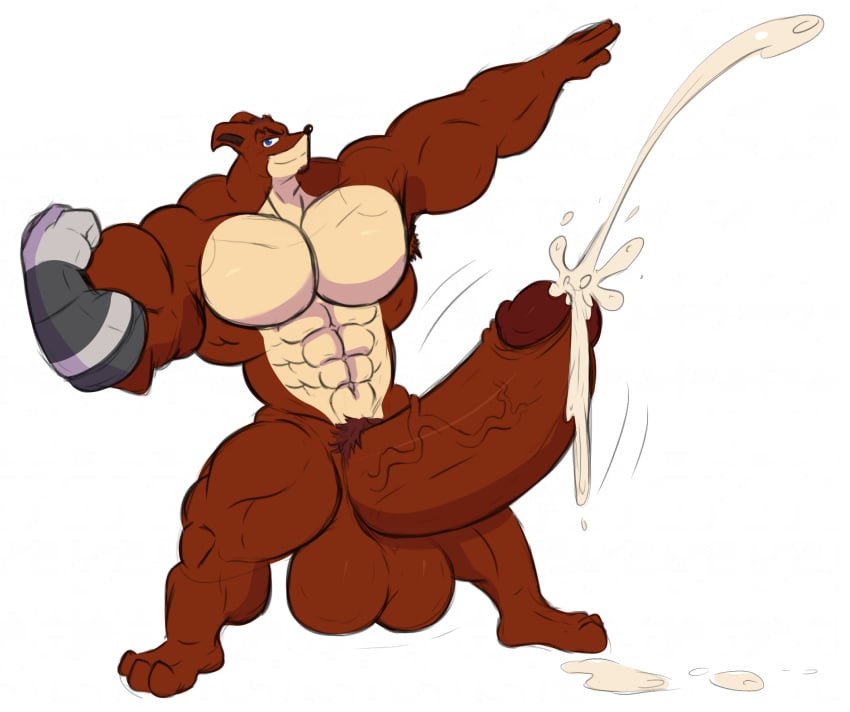 1boy anthro balls bara buff crash_(series) crunch_bandicoot cum cumming cumshot cyborg erect_penis erection flexing furry hi_res hyper hyper_penis large_penis makeembig male male_only muscular muscular_male penis robotic_arm simple_background solo tagme_(artist) video_games white_background