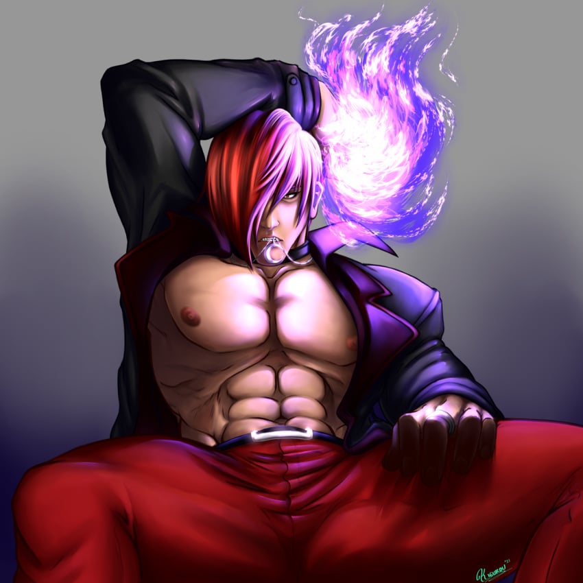 1boy another_iori artist_request belt iori_yagami jacket jeans kigurou king_of_fighters male_only muscular muscular_male necklace purple_flame_(noun) red_hair serious_look signature simple_background snk solo_male unknown_artist