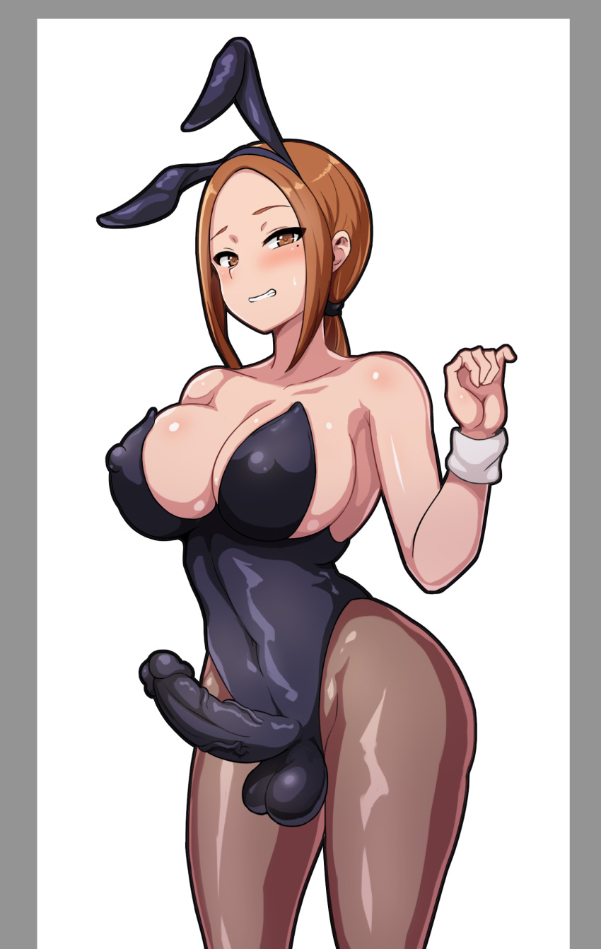 1futa aged_up balls big_breasts big_penis breasts brown_hair bunny_ears bunny_girl bunnysuit clothed clothing erection_under_clothes fully_clothed futa_only futanari grin human karakai_jouzu_no_takagi-san light-skinned_futanari light_skin looking_at_viewer navel nipple_bulge pale_skin penis pmstar solo solo_futa standing takagi-san tight_clothing