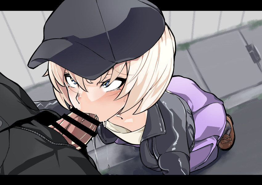 2boys absurdres bangs bar_censor baseball_cap blonde_hair blue_eyes brown_footwear censored cum cum_in_mouth cumdrip fellatio femboy from_above gakeppuchi_no_kaede hair_between_eyes hat highres homare_nao jacket leather leather_jacket letterboxed loafers male male_focus multiple_boys open_clothes open_jacket oral otoko_no_ko penis shirt shoes short_hair solo_focus squatting taimanin_(series) tearing_up trap unzipped veins veiny_penis white_shirt yaoi