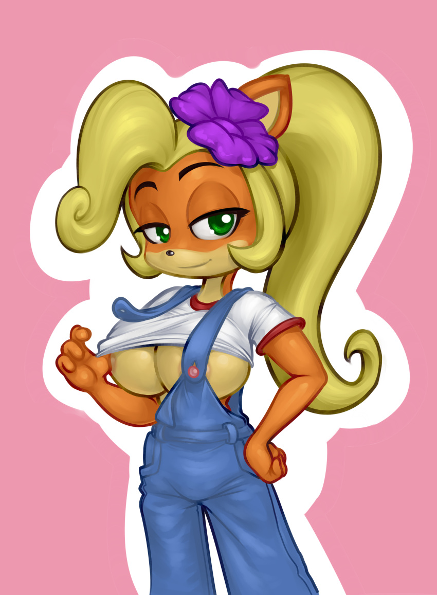 1girls alternate_breast_size anthro areola_slip bedroom_eyes big_breasts blonde_hair breasts breasts_out busty clothed coco_bandicoot crash_(series) female flower_in_hair furry green_eyes large_breasts mario-grant nipples overalls ponytail seductive seductive_smile shirt_up smile solo tease teasing