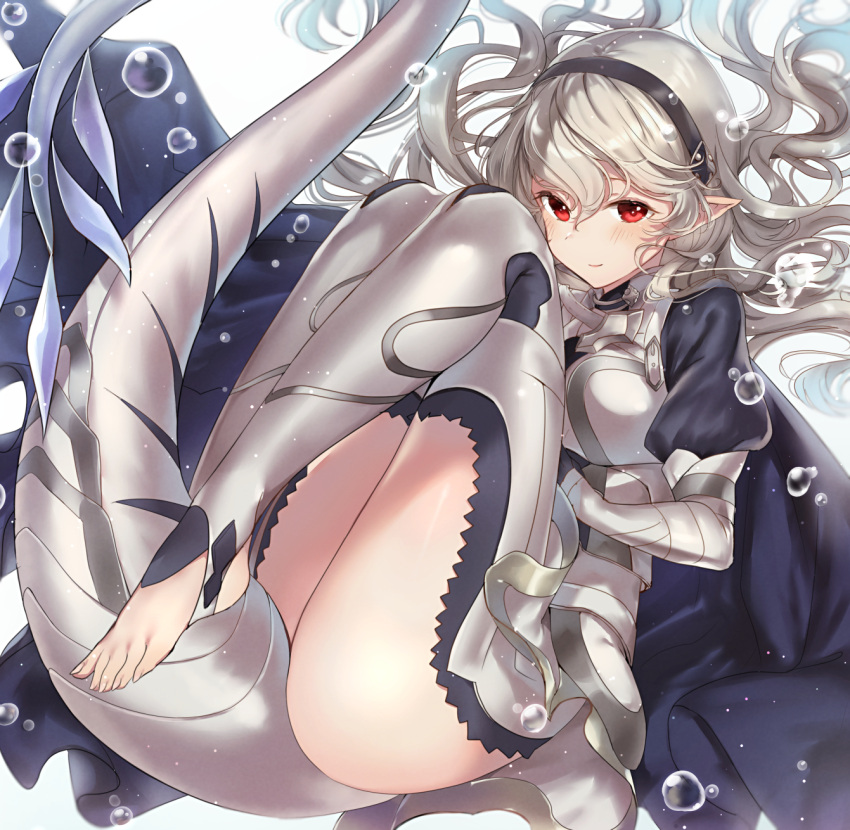 1girls bare_thighs blush bubble cloak commentary_request corrin_(female)_(fire_emblem) corrin_(fire_emblem) corrin_(fire_emblem)_(female) feet fire_emblem fire_emblem_fates gloves grey_hair hair_between_eyes hairband haru_(nakajou-28) highres inner_thighs juliet_sleeves knees_on_chest long_hair long_sleeves nintendo no_shoes pointy_ears puffy_sleeves red_eyes silver_hair simple_background smile solo stirrup_legwear tail thighs toeless_legwear toes white_background white_hair