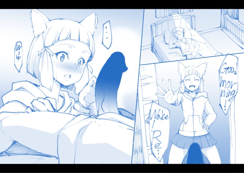 1boy 1girls animal_ears blush cat_ears censored comic dialogue huge_cock k-you_(pixiv) monochrome morning_wood nia nintendo penis_awe rex_(xenoblade) sleeping sweat text wide_eyed xenoblade_(series) xenoblade_chronicles_2