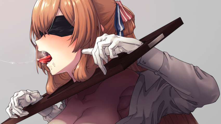 black_blindfold blindfold bondage bound bound_wrists breasts breasts_out brown_hair collarbone collared_shirt covered_eyes female girls'_frontline hair_rings highres large_breasts long_hair long_sleeves nakiusagi off_shoulder open_clothes open_mouth open_shirt out-of-frame_censoring pillory ponytail shirt sidelocks solo springfield_(girls'_frontline) tongue tongue_out upper_body white_shirt