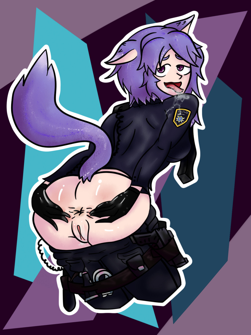 anus ass cat_ears cat_tail catgirl cum_on_tongue gun holster looking_at_viewer looking_back miko open_mouth pants_down pants_pulled_down police police_uniform policewoman presenting_anus purple_eyes purple_hair pussy reser2253 spread_anus spread_ass spreading_anus spreading_ass tagme tongue tongue_out vrchat yogurt_cap youtube