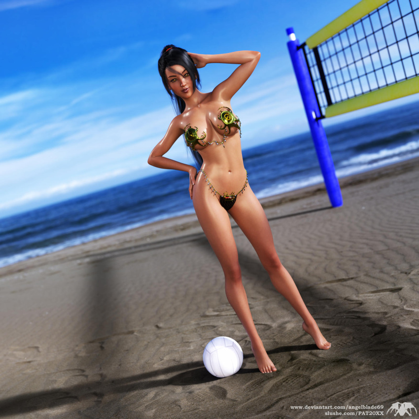 3d amber_eyes angelblade69 armpits asian_female beach cleavage dead_or_alive dead_or_alive_xtreme_beach_volleyball female female_only french_nails gold_bikini inviting looking_at_viewer lots_of_jewelry momiji_(ninja_gaiden) ninja_gaiden ponytail posing revealing_clothes seaside seductive volleyball_net voluptuous