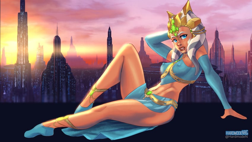 1girls 2021 ahsoka_tano anklet arm_up armwear background blue_clothing blue_eyes breasts bulge cityscape clone_wars clothed clothed_female clothing coruscant detailed_background embarrassed evening eyelashes female footwear full_body fully_clothed gem gold_(metal) hand_behind_head hardmodenrg jewelry knee_up legs legwear lips loincloth looking_at_viewer lucasfilm medium_breasts midriff nipple_bulge nipples_visible_through_clothing orange_skin parte_lips parted_lips pinup pose seductive see-through see-through_clothing shiny_skin side_view signature skirt slave slave_ahsoka slave_outfit socks solo solo_female star_wars sunset teeth the_clone_wars:_season_four thick thin_waist togruta young