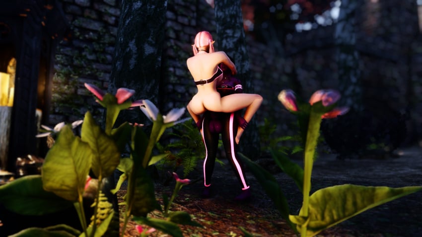 belle_delphine bethesda_softworks big_balls bottomless clothed demon dickgirl futa_with_female futanari holding horsecock leggings partially_clothed pink_hair public purple_skin skyrim sydlorem the_elder_scrolls