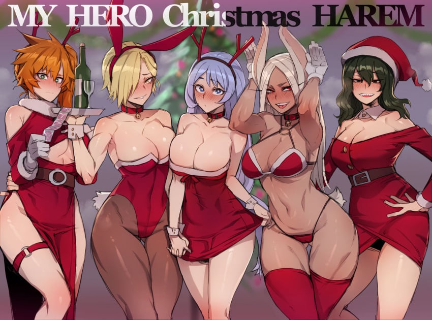 2d 5girls big_breasts blush bunnysuit christmas_outfit comic dark-skinned_female dark_skin female female_only femsub hadou_nejire harem itsuka_kendou kendou_itsuka maledom maledom_caption miruko multiple_girls my_hero_academia nejire_hado ratatatat74 rumi_usagiyama ryuukyuu seductive_look seductive_smile side_ponytail tatsuma_ryuuko tokage_setsuna usagiyama_rumi wine_bottle