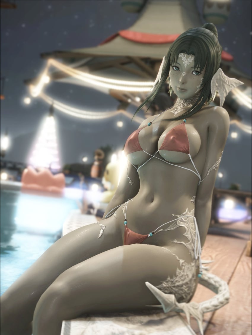 1girls 3d au_ra bikini final_fantasy final_fantasy_xiv greenbean_nsfw hard_nipples large_breasts nipples_visible_through_clothing ponytail pool poolside scales shino_senkatsu sitting solo solo_female solo_focus tail wide_hips
