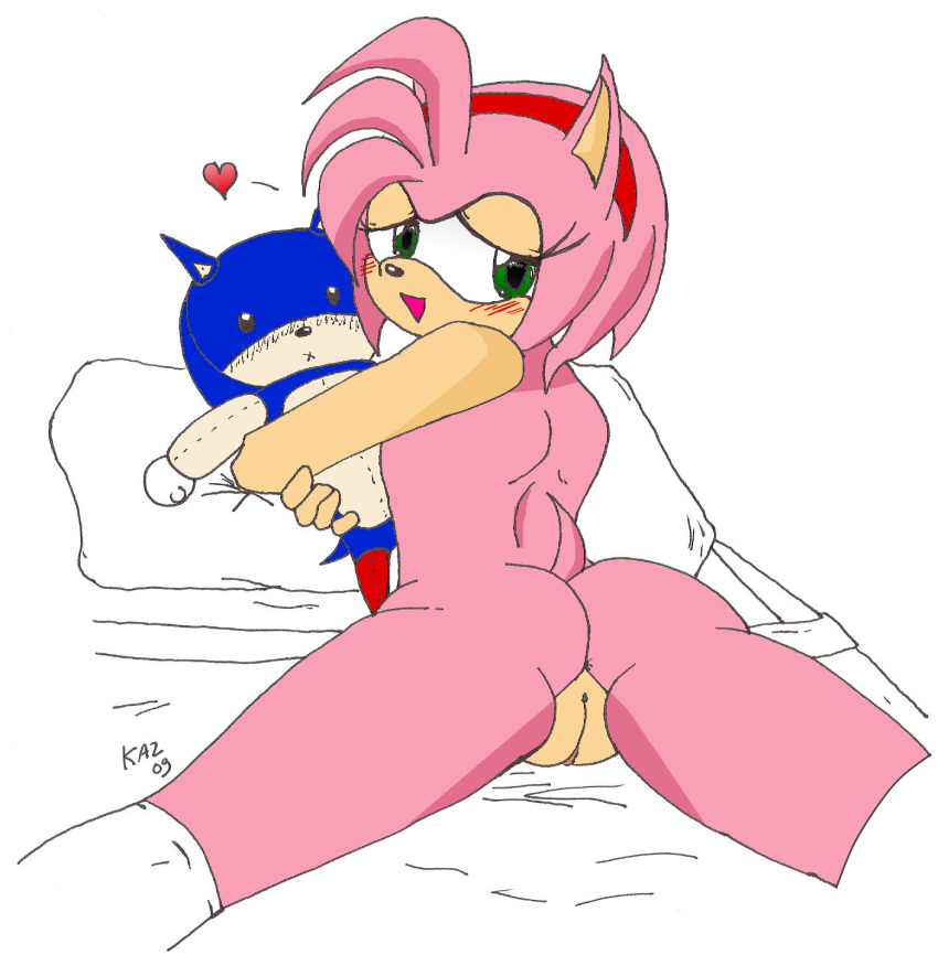 2009 amy_rose anthro blush female female_only flat_chest fur furry furry_only green_eyes hedgehog kaz nude on_stomach short_hair simple_background solo sonic_(series) spread_legs uncensored white_background