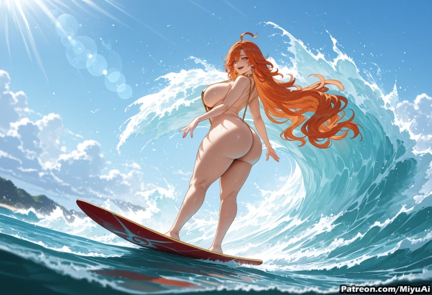 1girl ai_assisted ai_generated ass bangs beach blue_sky breasts cloud curvaceous curvy curvy_female curvy_figure day female from_behind genshin_impact long_hair looking_at_viewer looking_back mavuika_(genshin_impact) miyuai nude ocean orange_hair outdoors parted_lips red_hair sky smile solo standing sunlight thick thick_ass thick_butt thick_hips thick_legs thick_thighs thighs very_long_hair voluptuous voluptuous_female water wet wide_hips wide_thighs