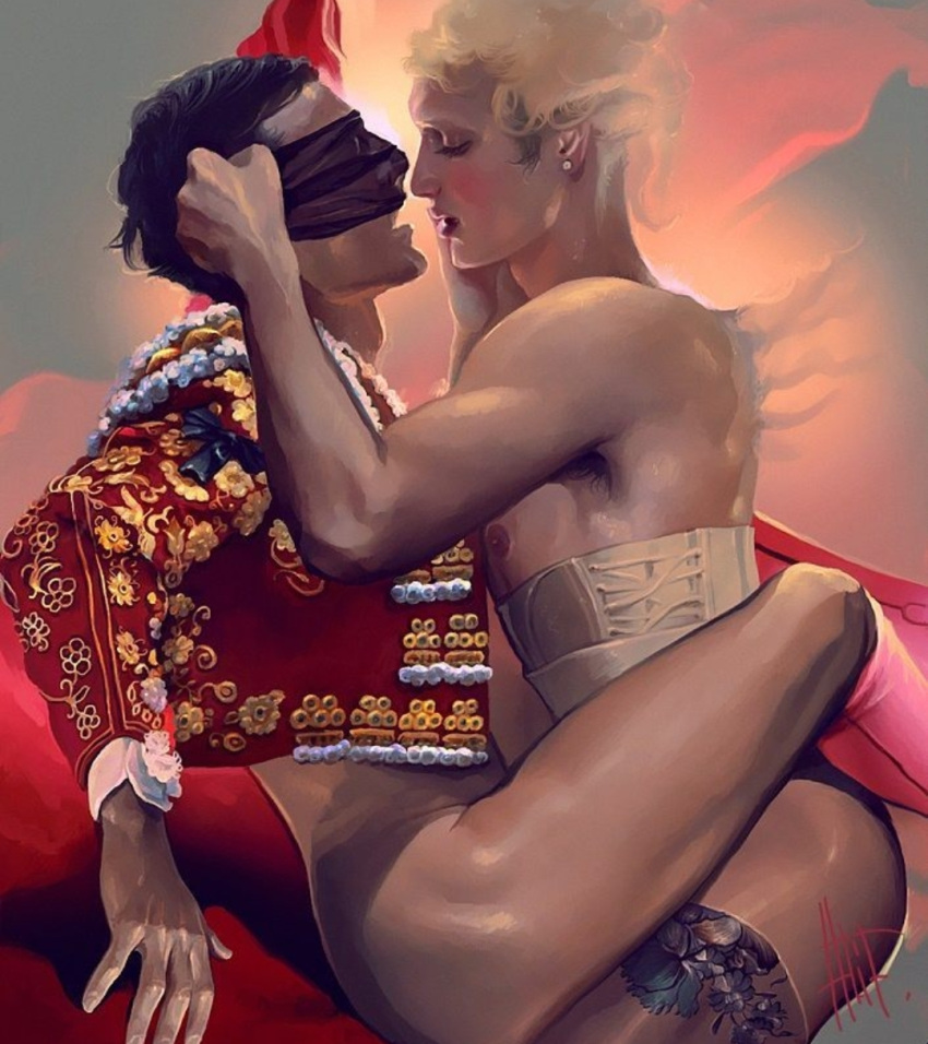 2boys alifranco_art baroque baroque_(style) blindfold blindfolded blonde_hair brunette corset detailed gabriel gay historical human human_only light-skinned_male light_skin male male/male male_only matador painting_(artwork) stockings torero yaoi